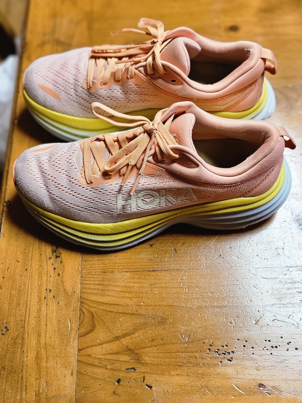 Hoka Womens Pink Peach Running Shoes with Yellow Accent - Picture 2 of 7
